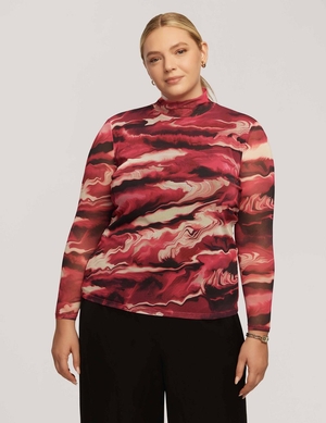 Grande Taille Anne Klein Printed Mesh Long Sleeve Zip Back Mock Neck   | WHG-5425140